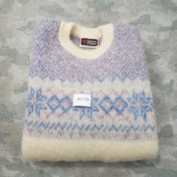 VTG Samband Of Iceland Sweater Women Large Beige Pullover Wool Fair Isles Nordic - Picture 10 of 10